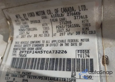 1996 Ford F150 из США, поврежденный, VIN 2FTEF14H5TCA73226